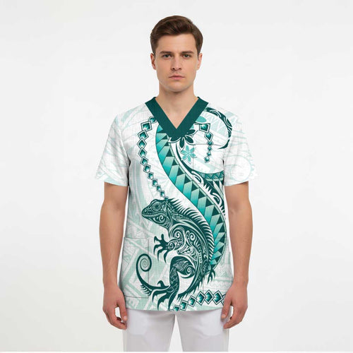 Teal Maori Tuatara Scrub Top Luxury Pastel Pattern - Aussie Hoodie