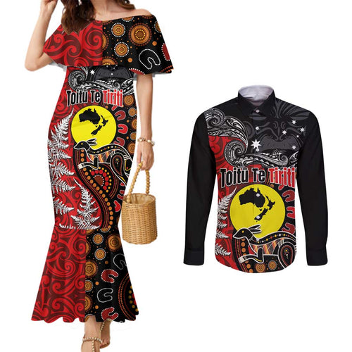 Aotearoa and Australia Toitu Te Tiriti Couples Matching Mermaid Dress and Long Sleeve Button Shirt Honour the Treaty - Te Tiriti Is Us