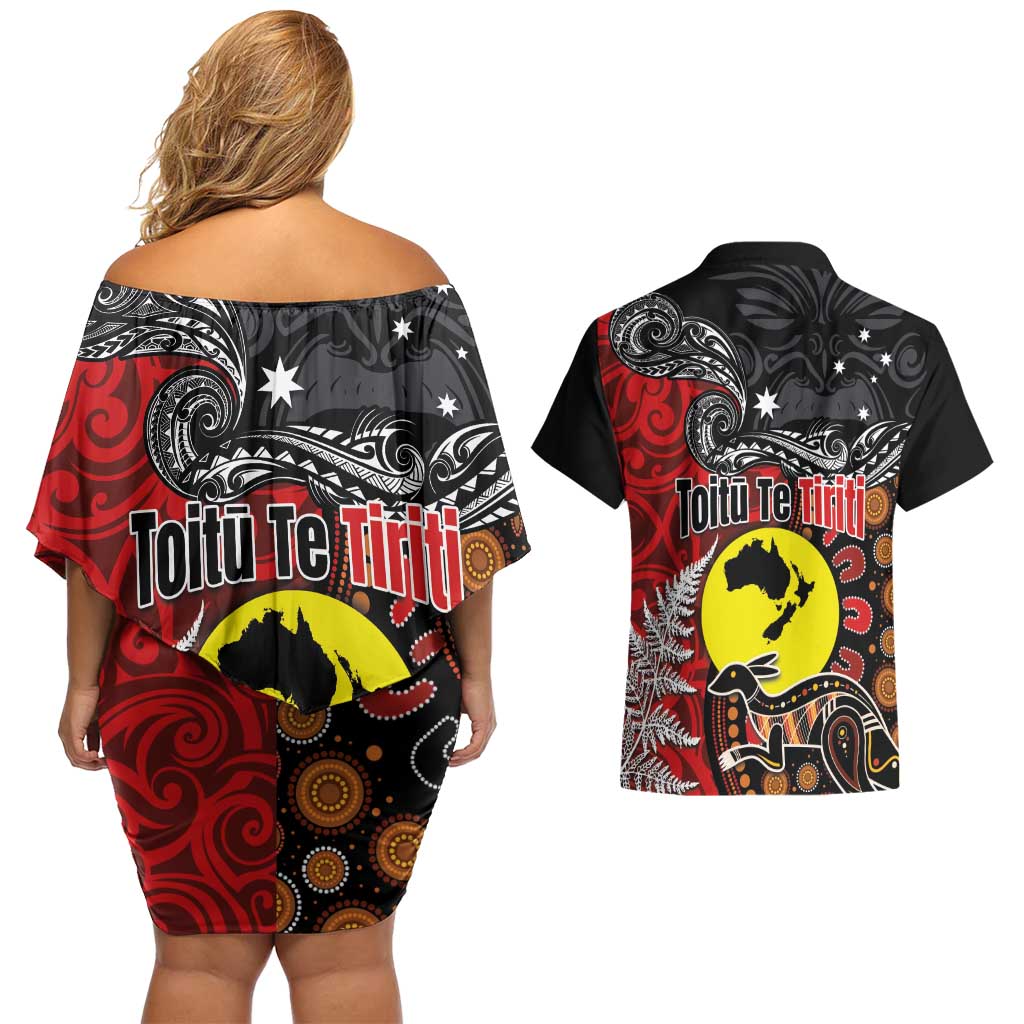Aotearoa and Australia Toitu Te Tiriti Couples Matching Off Shoulder Short Dress and Hawaiian Shirt Honour the Treaty - Te Tiriti Is Us