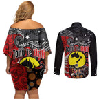 Aotearoa and Australia Toitu Te Tiriti Couples Matching Off Shoulder Short Dress and Long Sleeve Button Shirt Honour the Treaty - Te Tiriti Is Us