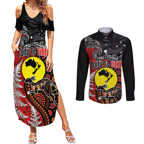 Aotearoa and Australia Toitu Te Tiriti Couples Matching Summer Maxi Dress and Long Sleeve Button Shirt Honour the Treaty - Te Tiriti Is Us