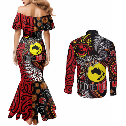 Aotearoa and Australia Toitu Te Tiriti Couples Matching Mermaid Dress and Long Sleeve Button Shirt Honour the Treaty - Stand Together Stand Stronger