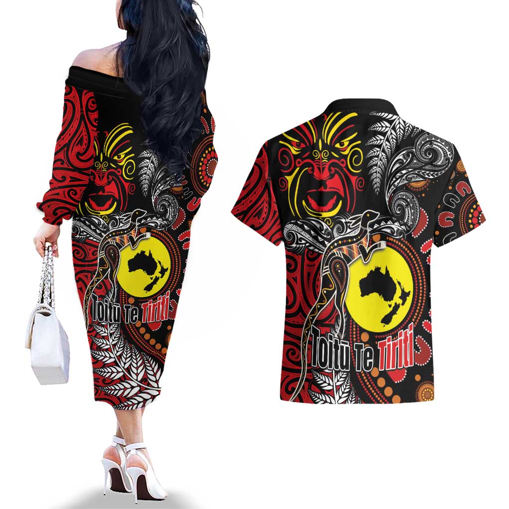 Aotearoa and Australia Toitu Te Tiriti Couples Matching Off The Shoulder Long Sleeve Dress and Hawaiian Shirt Honour the Treaty - Stand Together Stand Stronger