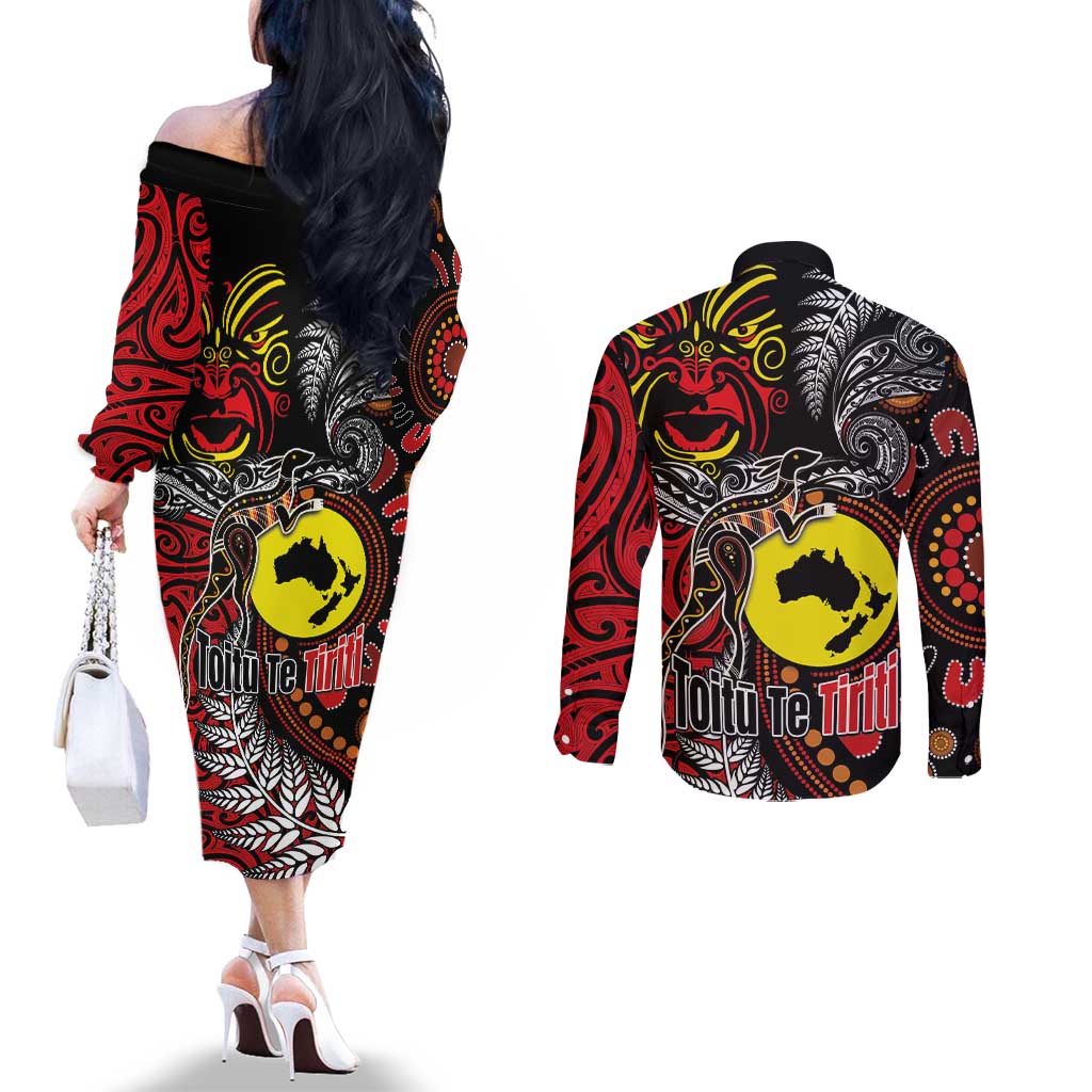 Aotearoa and Australia Toitu Te Tiriti Couples Matching Off The Shoulder Long Sleeve Dress and Long Sleeve Button Shirt Honour the Treaty - Stand Together Stand Stronger