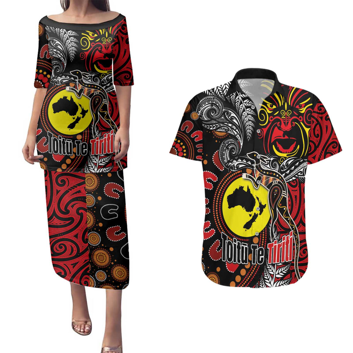 Aotearoa and Australia Toitu Te Tiriti Couples Matching Puletasi and Hawaiian Shirt Honour the Treaty - Stand Together Stand Stronger
