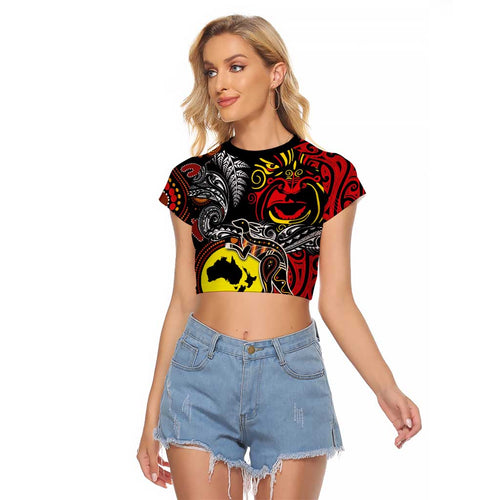 Aotearoa and Australia Toitu Te Tiriti Raglan Cropped T Shirt Honour the Treaty - Stand Together Stand Stronger