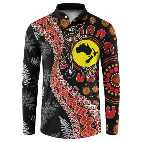 Aotearoa and Australia Button Sweatshirt Maori Koru Ferns With Aboriginal Kangaroo