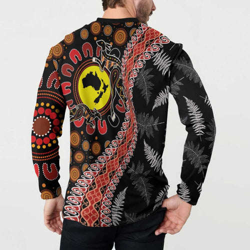 Aotearoa and Australia Button Sweatshirt Maori Koru Ferns With Aboriginal Kangaroo