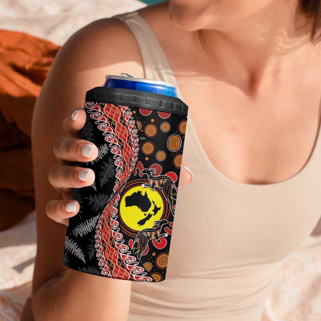 Aotearoa and Australia 4 in 1 Can Cooler Tumbler Maori Koru Ferns With Aboriginal Kangaroo