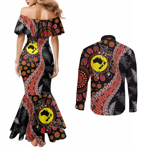Aotearoa and Australia Couples Matching Mermaid Dress and Long Sleeve Button Shirt Maori Koru Ferns With Aboriginal Kangaroo