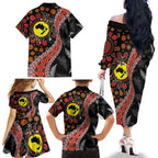 Aotearoa and Australia Family Matching Off The Shoulder Long Sleeve Dress and Hawaiian Shirt Maori Koru Ferns With Aboriginal Kangaroo