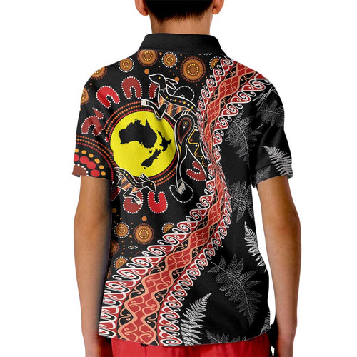 Aotearoa and Australia Kid Polo Shirt Maori Koru Ferns With Aboriginal Kangaroo