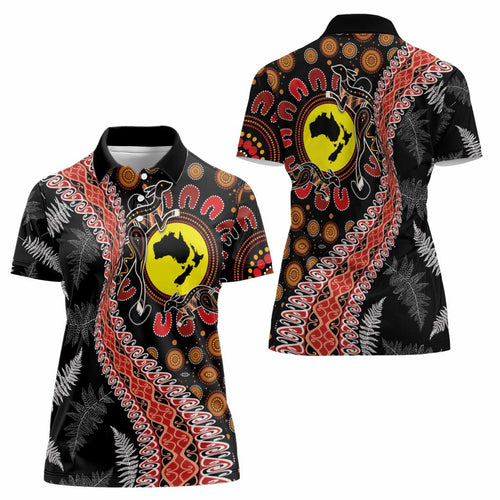 Aotearoa and Australia Women Polo Shirt Maori Koru Ferns With Aboriginal Kangaroo