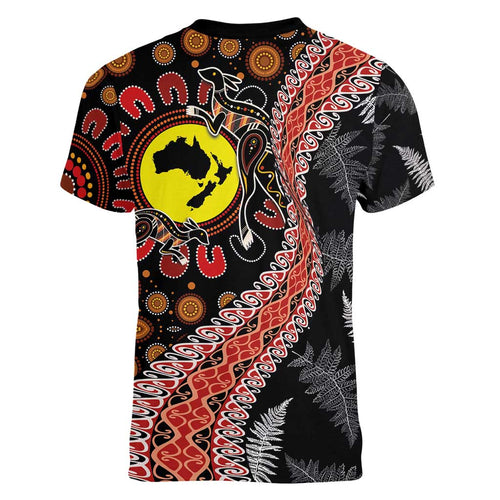 Aotearoa and Australia Women V-Neck T-Shirt Maori Koru Ferns With Aboriginal Kangaroo