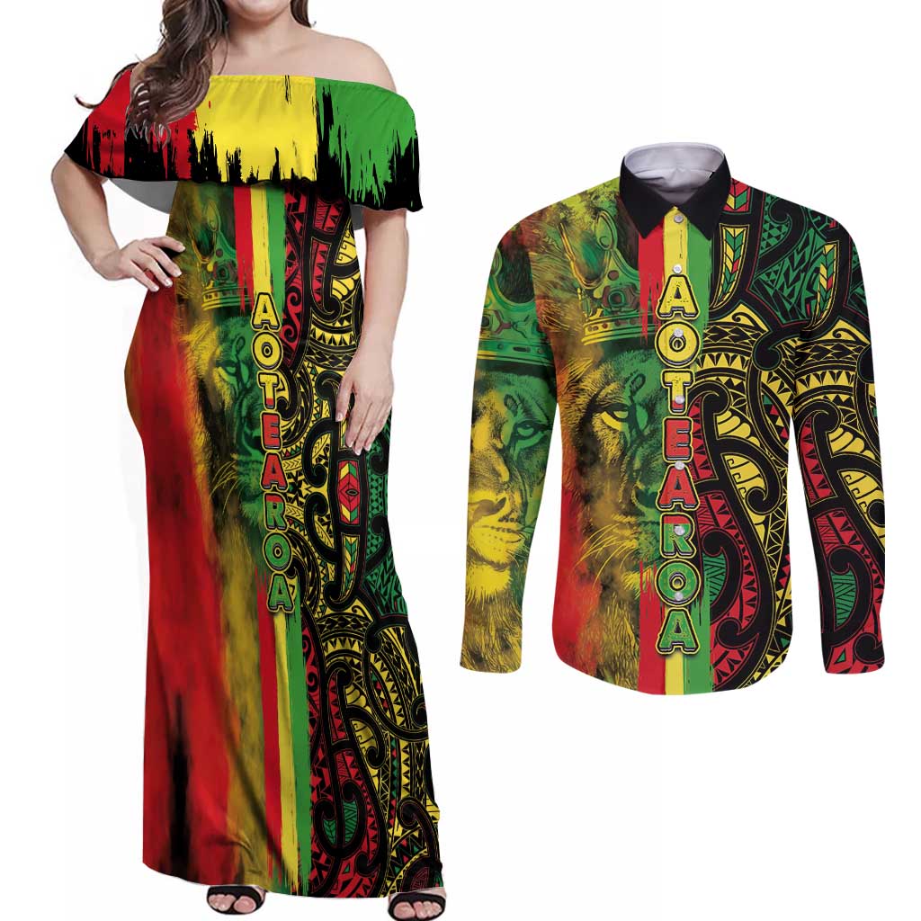 Aotearoa Reggae Couples Matching Off Shoulder Maxi Dress and Long Sleeve Button Shirt Maori Reggae-One Love
