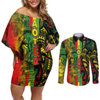 Aotearoa Reggae Couples Matching Off Shoulder Short Dress and Long Sleeve Button Shirt Maori Reggae-One Love