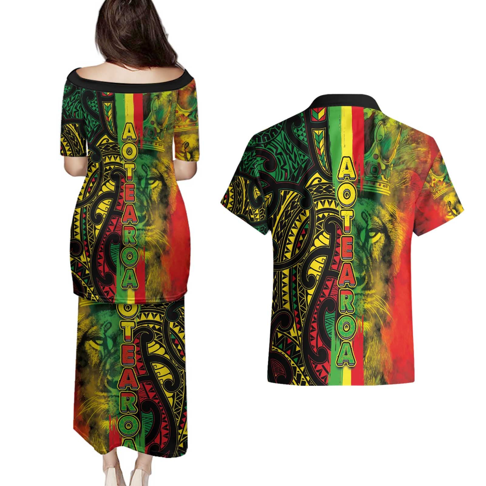 Aotearoa Reggae Couples Matching Puletasi and Hawaiian Shirt Maori Reggae-One Love