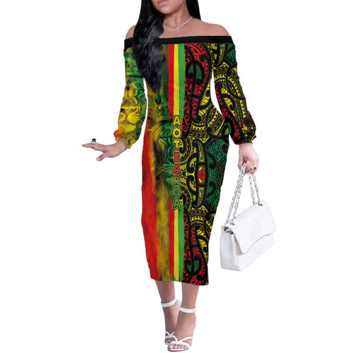 Aotearoa Reggae Family Matching Off The Shoulder Long Sleeve Dress and Hawaiian Shirt Maori Reggae-One Love