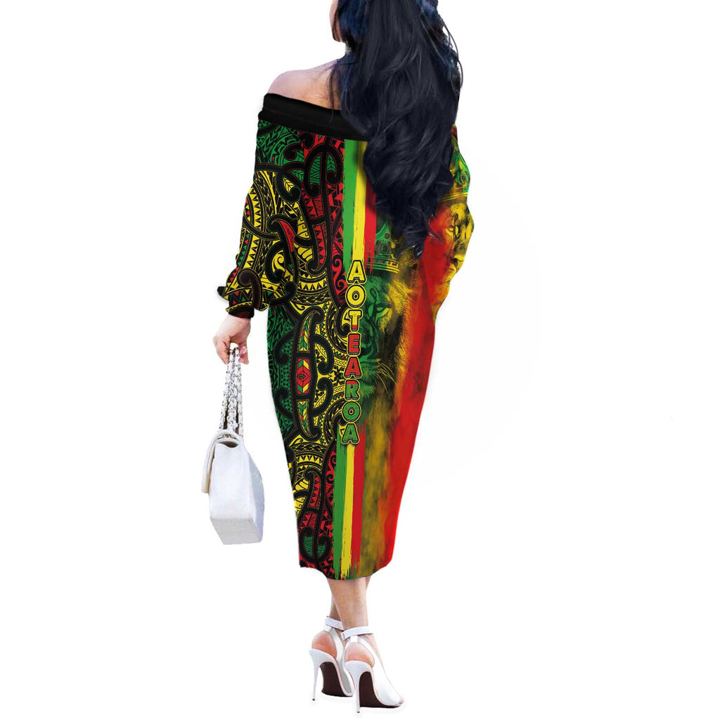 Aotearoa Reggae Off The Shoulder Long Sleeve Dress Maori Reggae-One Love