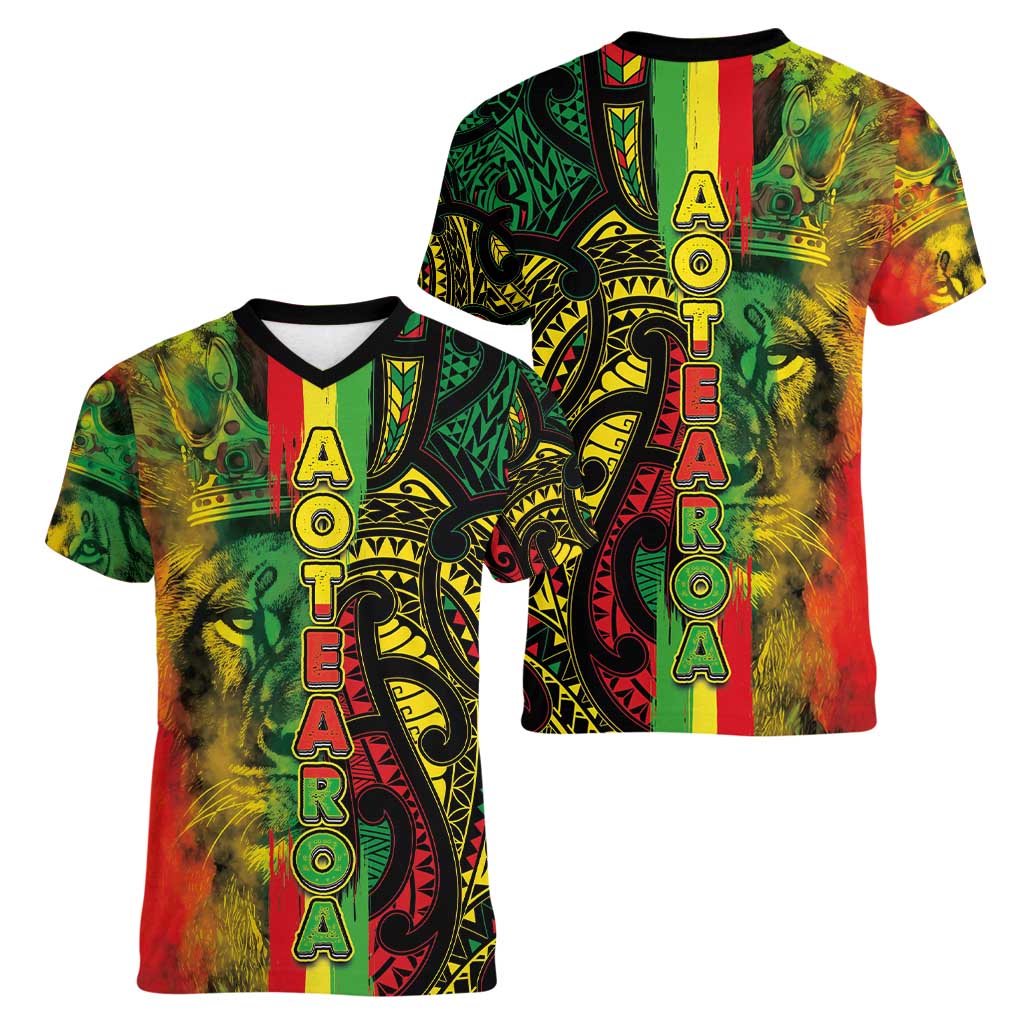 Aotearoa Reggae Women V-Neck T-Shirt Maori Reggae-One Love