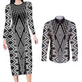 Aotearoa Tukutuku and Poutama Motif Classic Couples Matching Long Sleeve Bodycon Dress and Long Sleeve Button Shirt