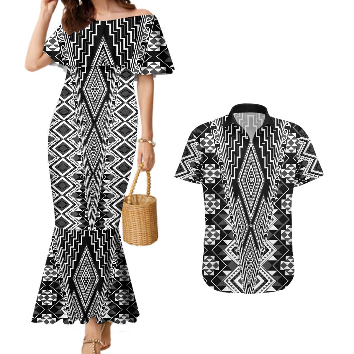Aotearoa Tukutuku and Poutama Motif Classic Couples Matching Mermaid Dress and Hawaiian Shirt