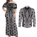 Aotearoa Tukutuku and Poutama Motif Classic Couples Matching Off Shoulder Maxi Dress and Long Sleeve Button Shirt