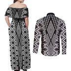 Aotearoa Tukutuku and Poutama Motif Classic Couples Matching Off Shoulder Maxi Dress and Long Sleeve Button Shirt