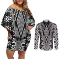 Aotearoa Tukutuku and Poutama Motif Classic Couples Matching Off Shoulder Short Dress and Long Sleeve Button Shirt