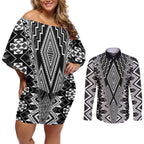 Aotearoa Tukutuku and Poutama Motif Classic Couples Matching Off Shoulder Short Dress and Long Sleeve Button Shirt