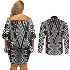 Aotearoa Tukutuku and Poutama Motif Classic Couples Matching Off Shoulder Short Dress and Long Sleeve Button Shirt