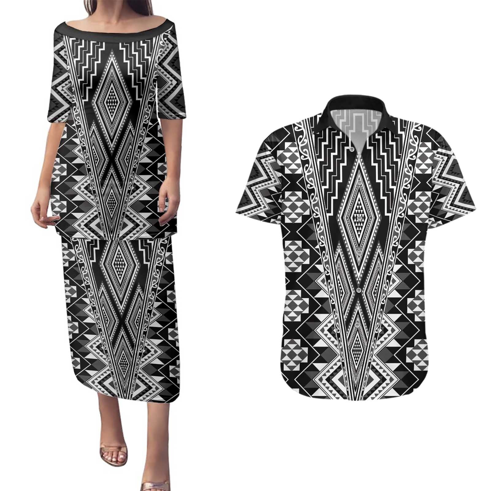 Aotearoa Tukutuku and Poutama Motif Classic Couples Matching Puletasi and Hawaiian Shirt
