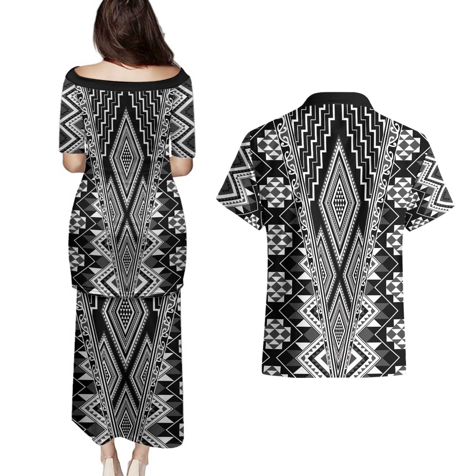 Aotearoa Tukutuku and Poutama Motif Classic Couples Matching Puletasi and Hawaiian Shirt