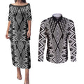 Aotearoa Tukutuku and Poutama Motif Classic Couples Matching Puletasi and Long Sleeve Button Shirt