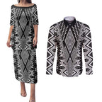 Aotearoa Tukutuku and Poutama Motif Classic Couples Matching Puletasi and Long Sleeve Button Shirt