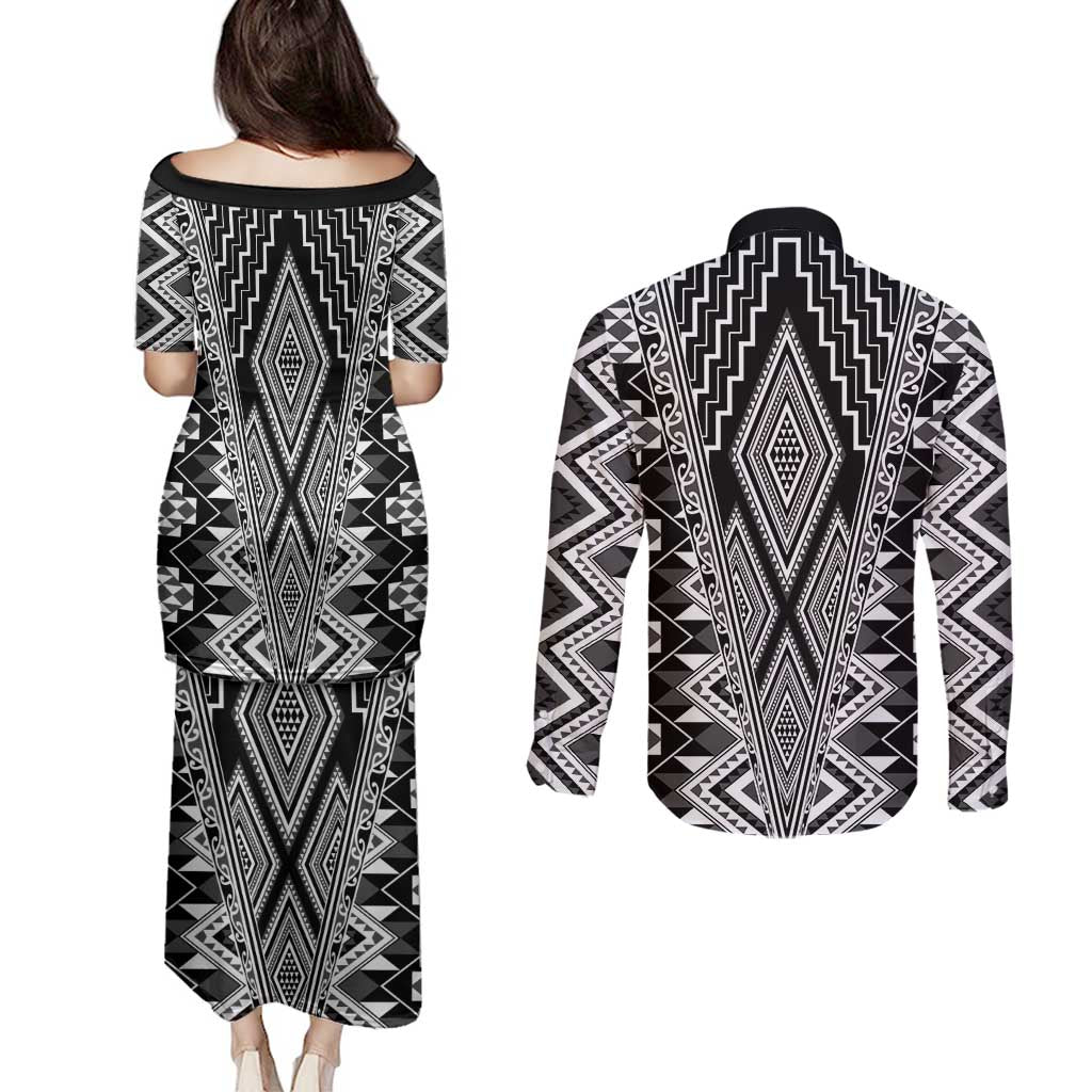 Aotearoa Tukutuku and Poutama Motif Classic Couples Matching Puletasi and Long Sleeve Button Shirt