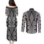 Aotearoa Tukutuku and Poutama Motif Classic Couples Matching Puletasi and Long Sleeve Button Shirt