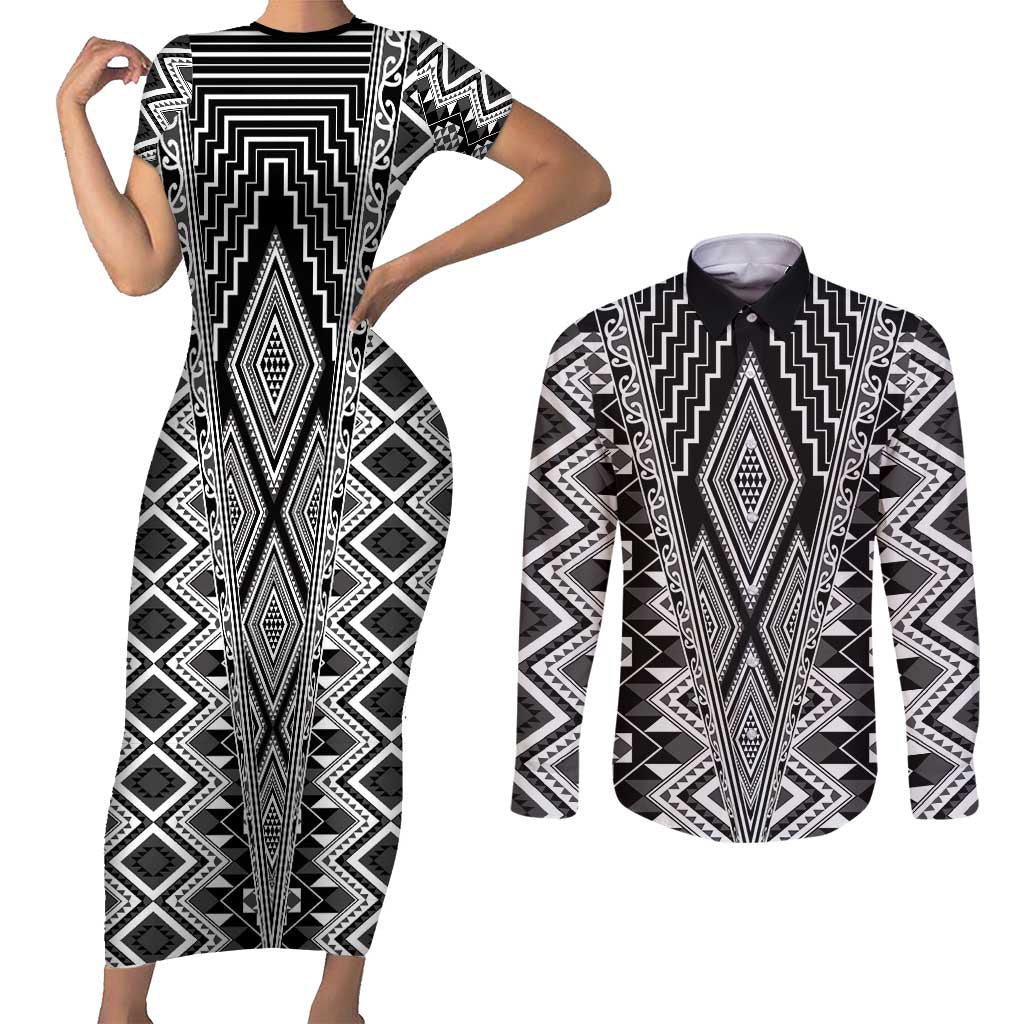 Aotearoa Tukutuku and Poutama Motif Classic Couples Matching Short Sleeve Bodycon Dress and Long Sleeve Button Shirt