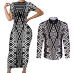 Aotearoa Tukutuku and Poutama Motif Classic Couples Matching Short Sleeve Bodycon Dress and Long Sleeve Button Shirt