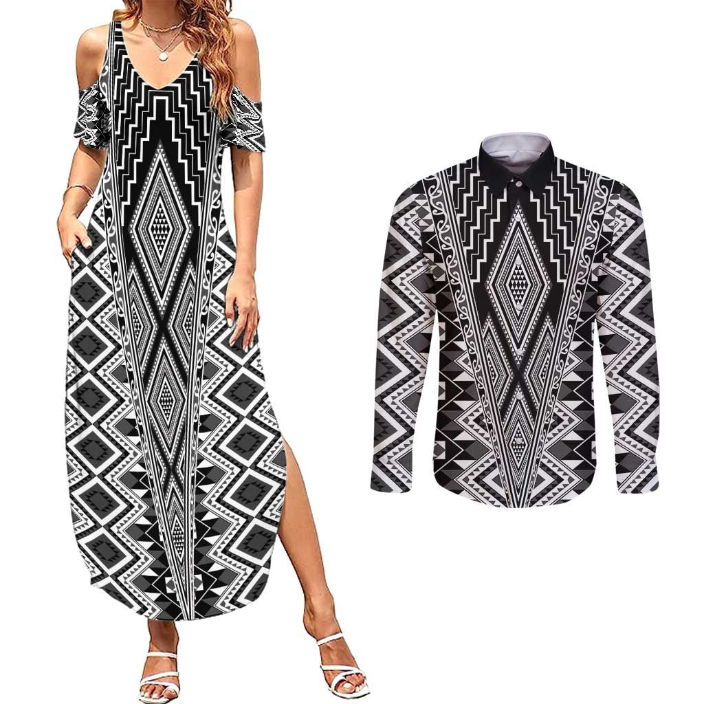 Aotearoa Tukutuku and Poutama Motif Classic Couples Matching Summer Maxi Dress and Long Sleeve Button Shirt