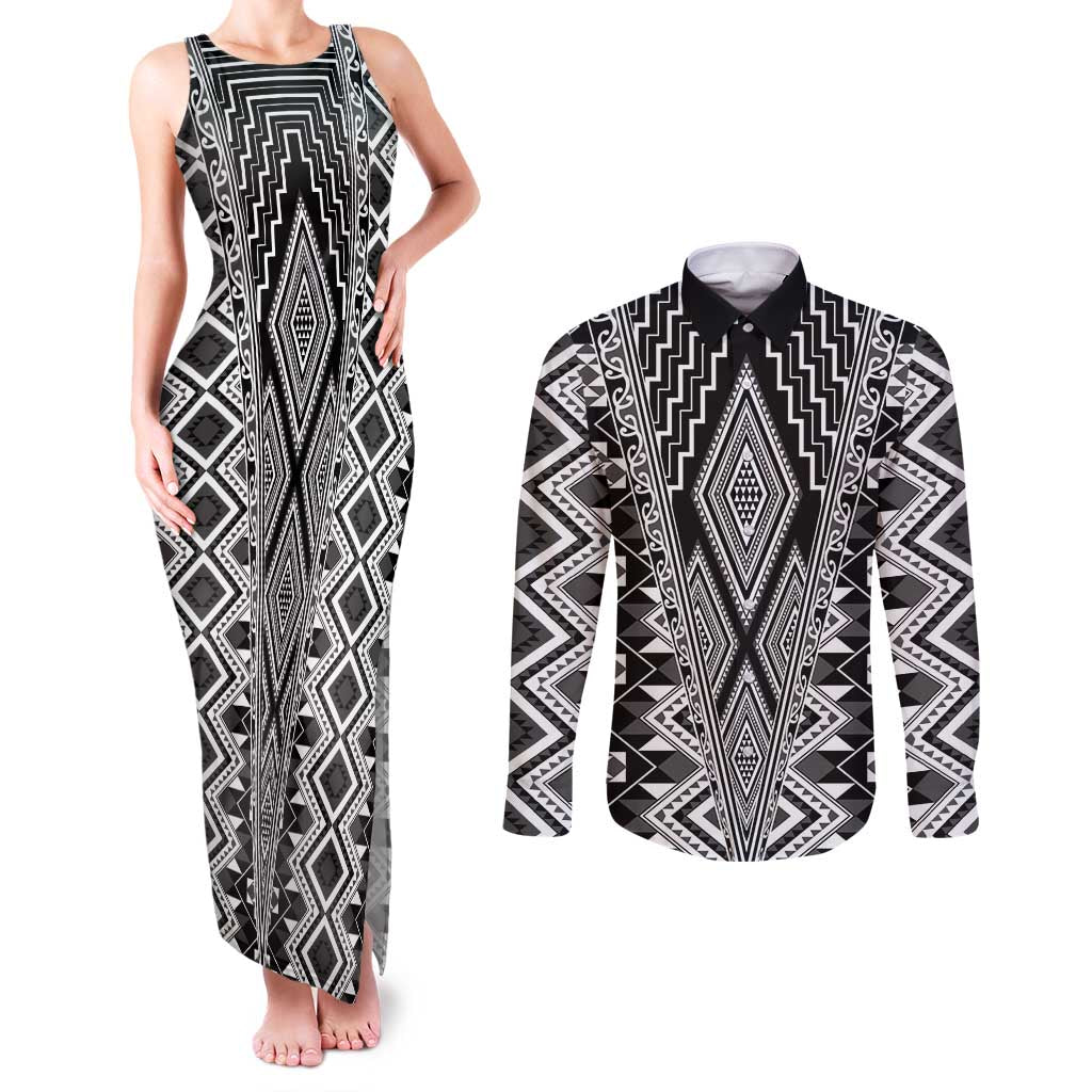 Aotearoa Tukutuku and Poutama Motif Classic Couples Matching Tank Maxi Dress and Long Sleeve Button Shirt