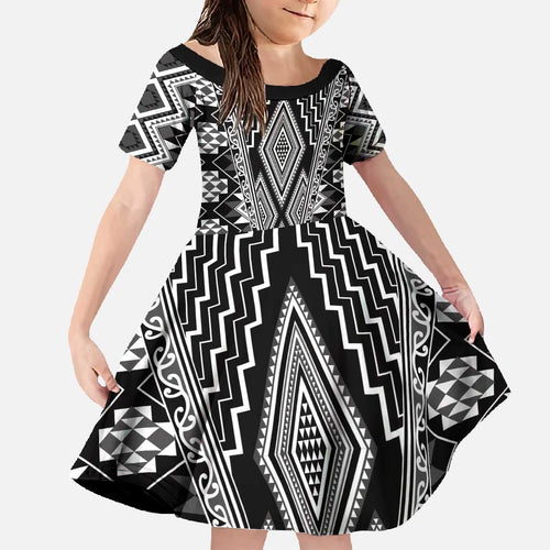 Aotearoa Tukutuku and Poutama Motif Classic Family Matching Off The Shoulder Long Sleeve Dress and Hawaiian Shirt