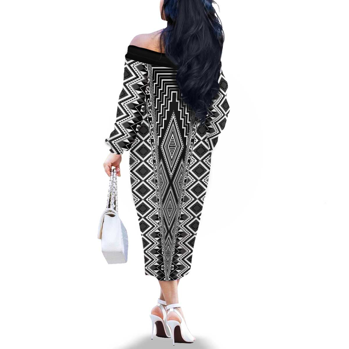 Aotearoa Tukutuku and Poutama Motif Classic Family Matching Off The Shoulder Long Sleeve Dress and Hawaiian Shirt