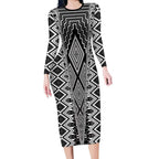 Aotearoa Tukutuku and Poutama Motif Classic Long Sleeve Bodycon Dress