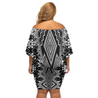 Aotearoa Tukutuku and Poutama Motif Classic Off Shoulder Short Dress