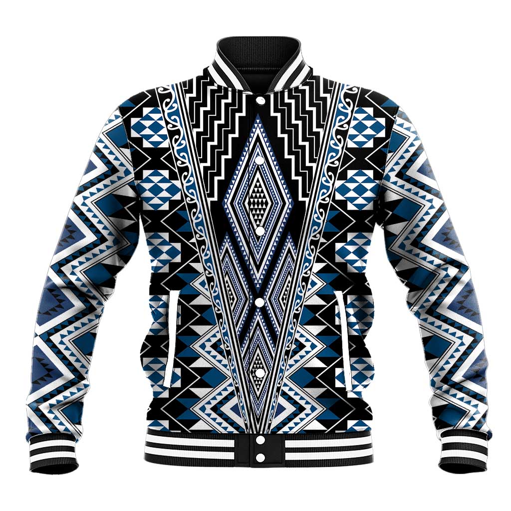 Blue Aotearoa Tukutuku and Poutama Motif Baseball Jacket