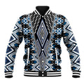 Blue Aotearoa Tukutuku and Poutama Motif Baseball Jacket