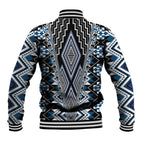 Blue Aotearoa Tukutuku and Poutama Motif Baseball Jacket