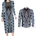 Blue Aotearoa Tukutuku and Poutama Motif Couples Matching Long Sleeve Bodycon Dress and Long Sleeve Button Shirt