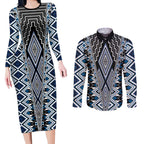 Blue Aotearoa Tukutuku and Poutama Motif Couples Matching Long Sleeve Bodycon Dress and Long Sleeve Button Shirt